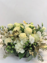Load image into Gallery viewer, E17 - Shades of White and Gold accent Centerpiece set in low Glass Bowl - Flowerplustoronto
