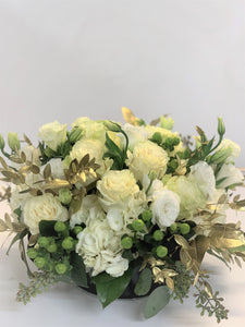E17 - Shades of White and Gold accent Centerpiece set in low Glass Bowl - Flowerplustoronto
