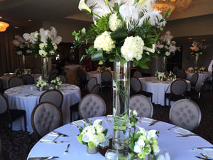 Modern White Feather, Calla Lily and White Hydrangea Wedding - Guest table  Arrangements - Flowerplustoronto
