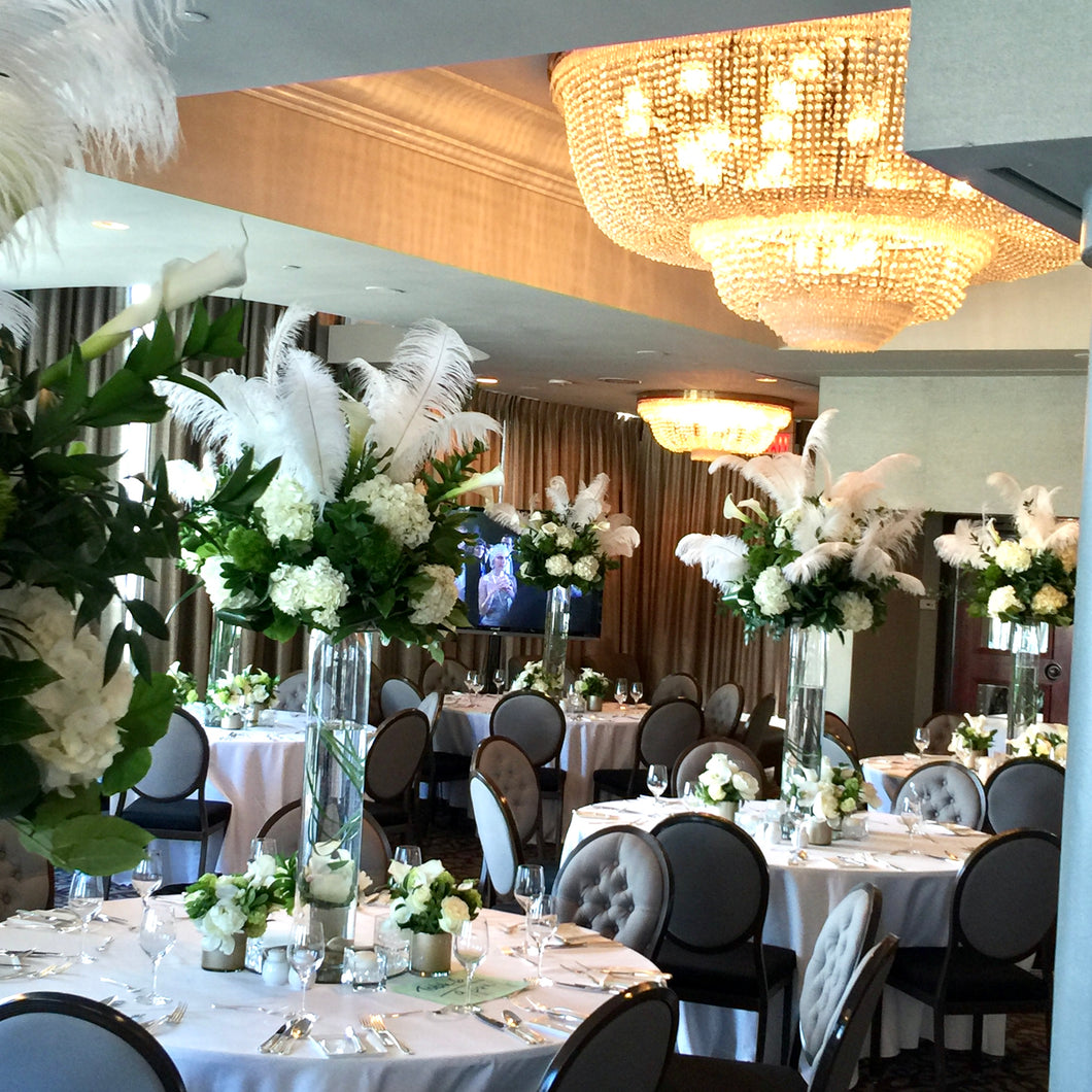 Modern White Feather, Calla Lily and White Hydrangea Wedding - Guest table  Arrangements - Flowerplustoronto