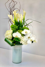 Load image into Gallery viewer, F139 - Modern White and Green Arrangement (White vase sold out, substituting clear vase with leaf wrap) - Flowerplustoronto
