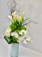 Load image into Gallery viewer, F139 - Modern White and Green Arrangement (White vase sold out, substituting clear vase with leaf wrap) - Flowerplustoronto
