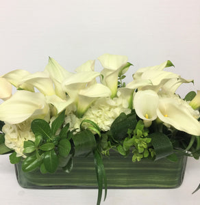 F145 - Modern Calla and White Hydrangea Rectangular Vase Centerpiece - Flowerplustoronto