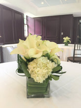 Load image into Gallery viewer, Modern Calla Lily and White Hydrangea Wedding - Guest table  Arrangements - Flowerplustoronto
