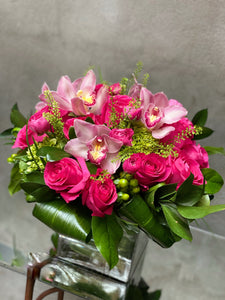 F202 - Modern Rose, Ranunculus and Cymbidium Arrangement (Cymbidium orchid colour based on availability - white, light pink or dark pink)