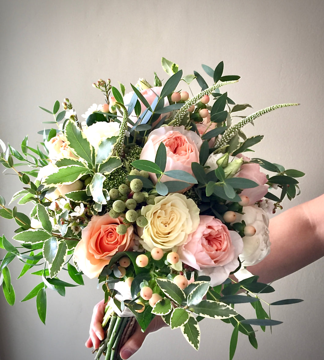 Peach and Ivory Hand-tied Bridal Bouquet - Flowerplustoronto