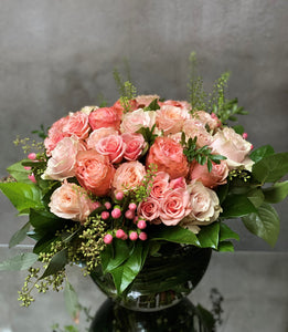 F34 - Lush Peaches and Coral Rose Nosegay Arrangement