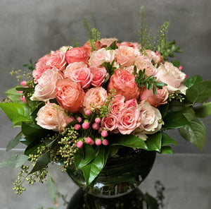 F34 - Lush Peaches and Coral Rose Nosegay Arrangement