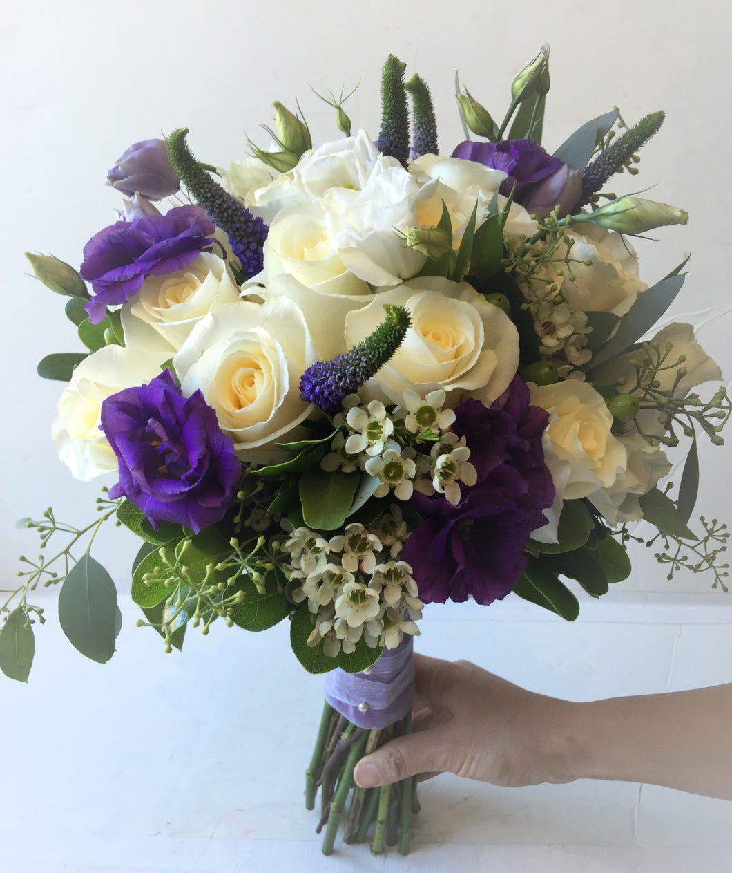 Purple and Ivory Hand-tied Bridal Bouquet - Flowerplustoronto