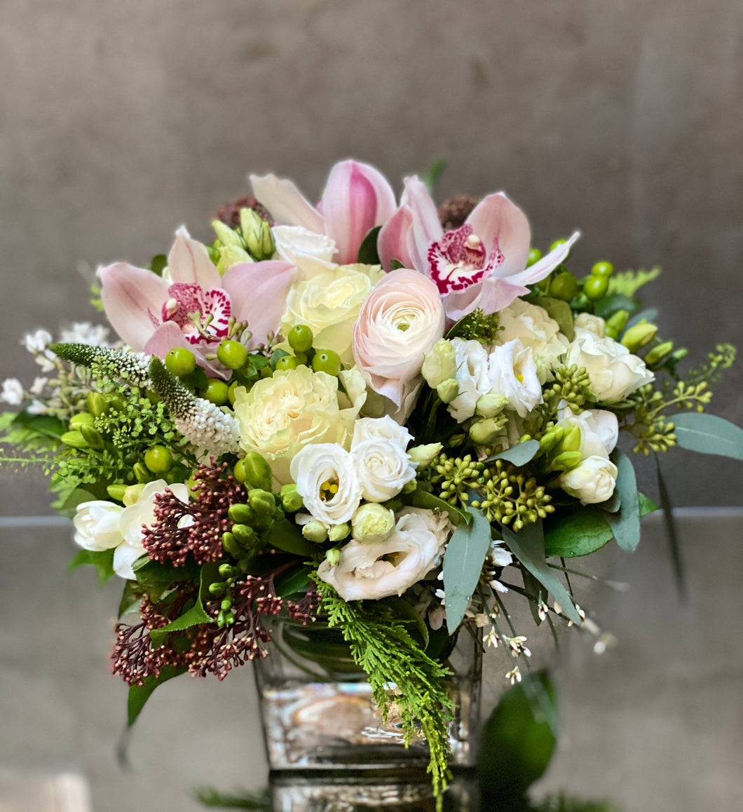 F60 - Soft Pastel Arrangement (Cymbidium orchid colour based on availability - white, light pink or dark pink)