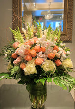 Load image into Gallery viewer, FNV96 - Lush English Garden Peach Vase Arrangement (Orchid colour based on availability)
