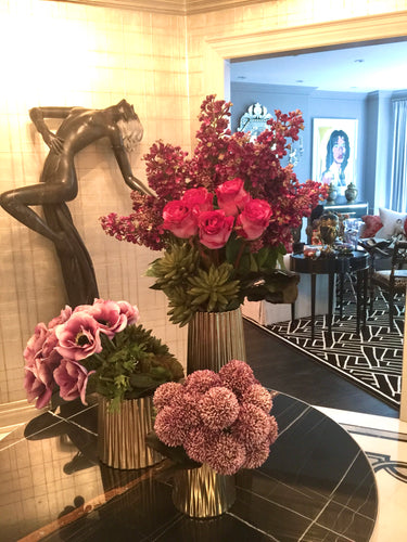 S22 - Modern Purple Flowers in Series Arrangement for Round Foyer Table - Flowerplustoronto