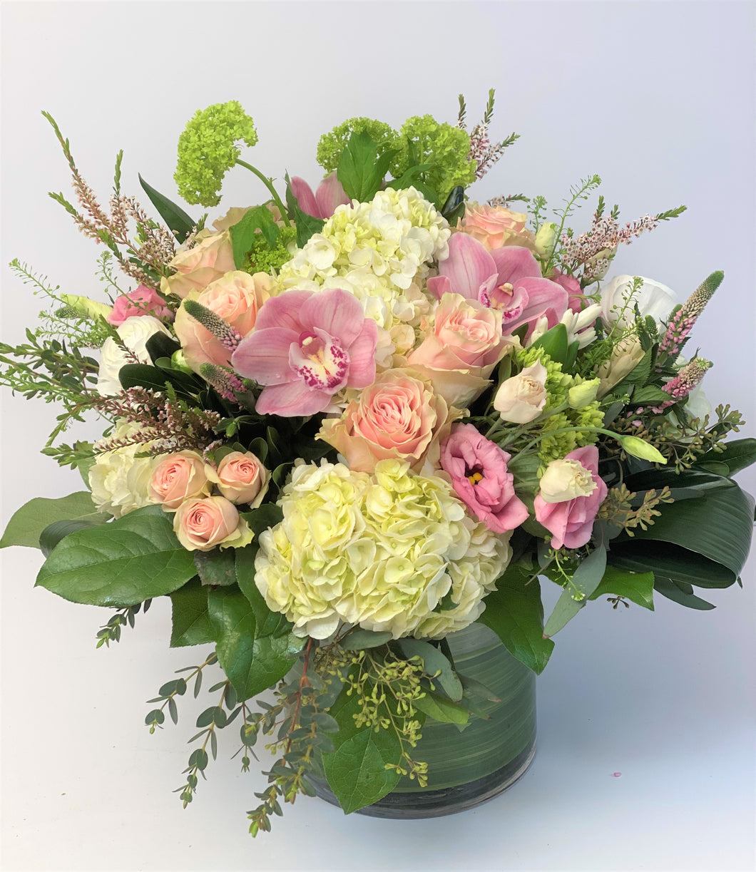 F203 - Lush White and Pink Vase Arrangement  (Orchid colour based on availability - white, pink or dark pink) - Flowerplustoronto