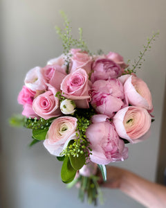 Delicate Shades of Pink Hand-tied Bridal Bouquet - Flowerplustoronto