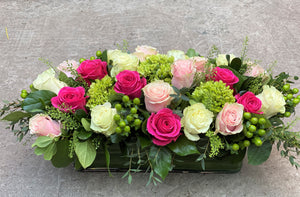 F109 - Modern Rose and Green Hydrangeas Rectangular Vase Centerpiece - Flowerplustoronto