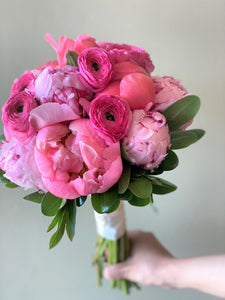 Shades of Pink and Coral Hand-tied Bridal Bouquet - Flowerplustoronto