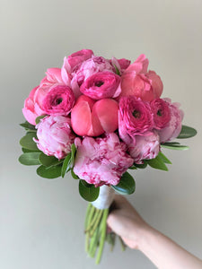 Shades of Pink and Coral Hand-tied Bridal Bouquet - Flowerplustoronto