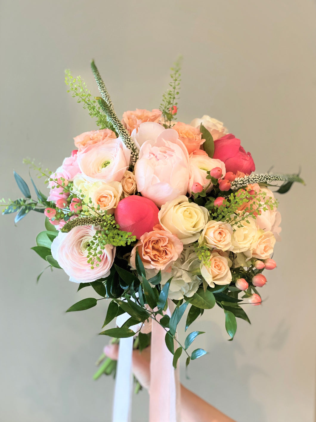 Blush, Peach and Coral Hand-tied Bridal Bouquet - Flowerplustoronto