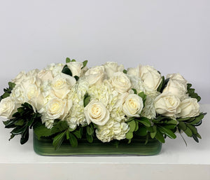 F23 - White Rose and Hydrangea Rectangular Vase Centerpiece - Flowerplustoronto