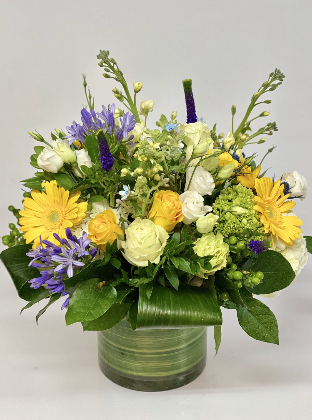 F49 - Yellow, White and Blue Vase Arrangement - Flowerplustoronto