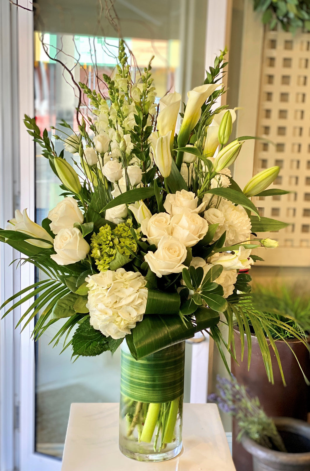 FNV143 - Modern White and Green Vase Arrangement - Flowerplustoronto