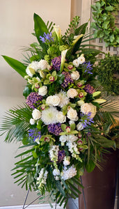 FNS25 - White and Purple Standing Funeral Spray - Flowerplustoronto