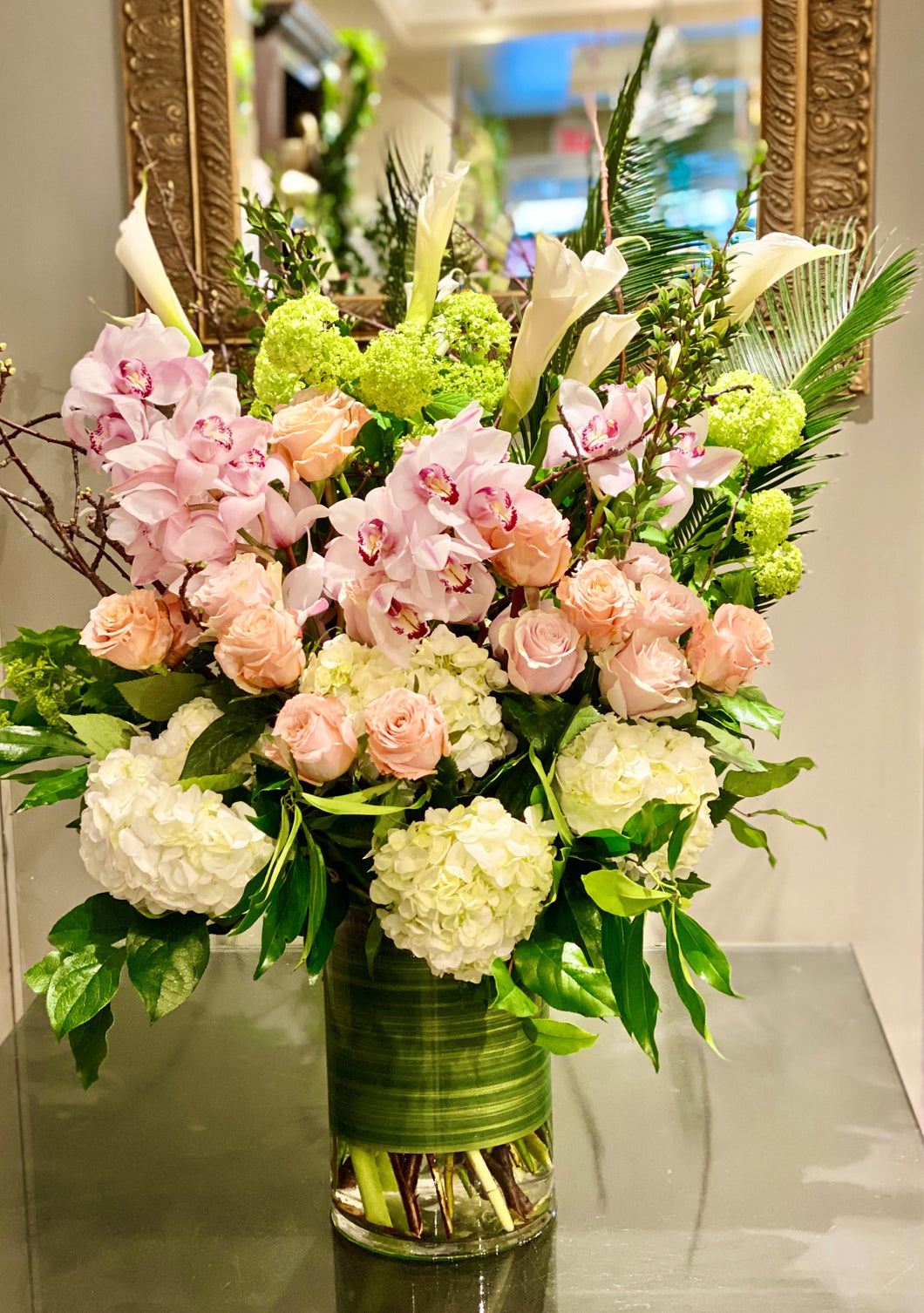 FNV93 - Lush Pastel English Garden Vase Arrangement (Orchid colour based on availability - white, pink or dark pink) - Flowerplustoronto