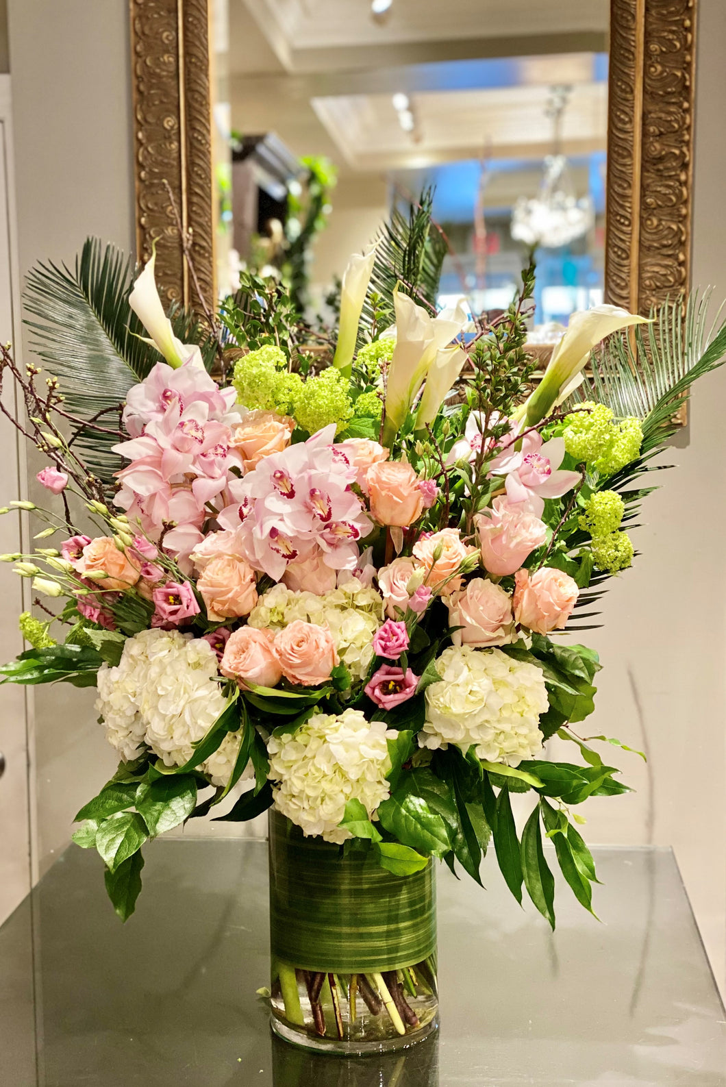 F195 - Lush Pastel English Garden Vase Arrangement (Orchid colour based on availability - white, pink or dark pink) - Flowerplustoronto