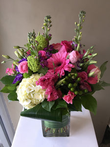 F173 - Pink, Purple, White Fresh Flower Arrangement in Clear Vase - Flowerplustoronto