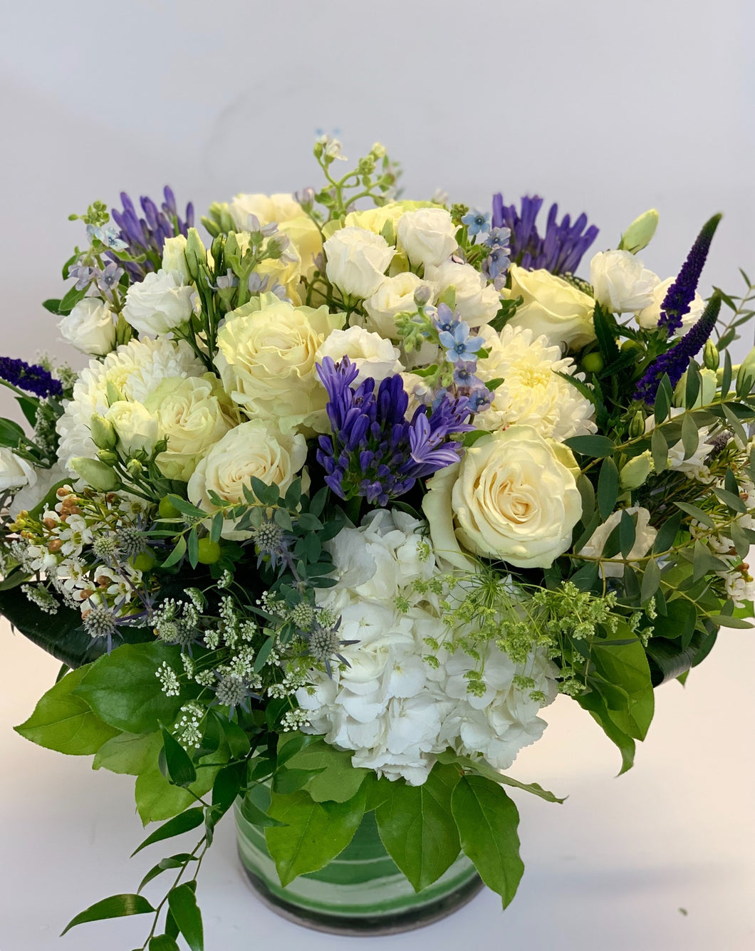 F38 - White, Purple and Blue Vase Arrangement - Flowerplustoronto