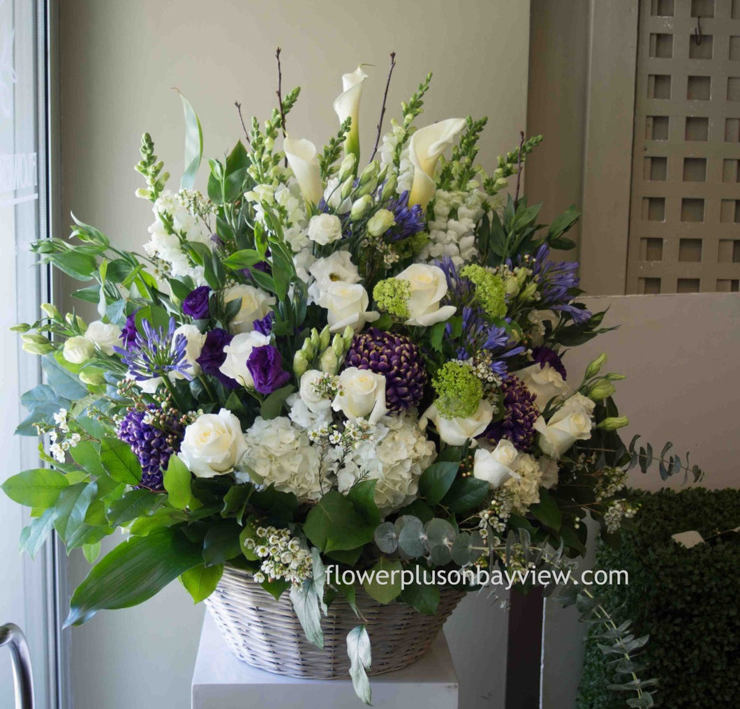 FNV59 - White and Purple Basket Arrangement - Flowerplustoronto